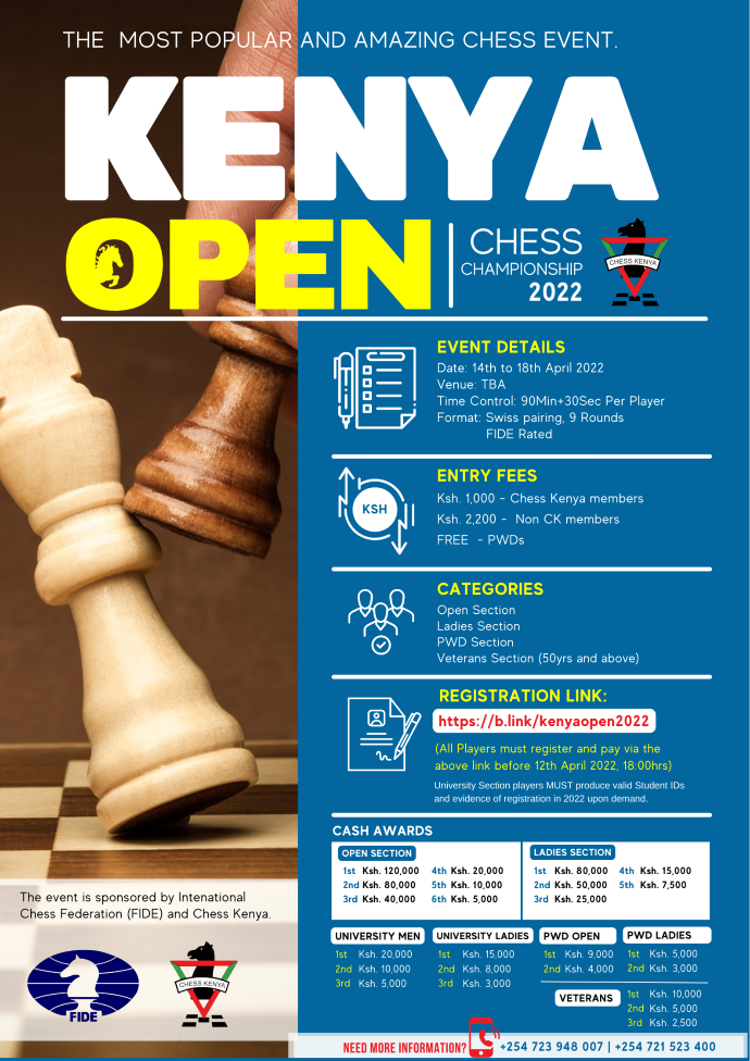 Tenth Empire - Kenya Open Chess Championship 2023 has been announced by  Chess Kenya. See poster for details